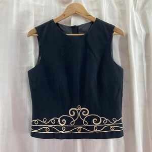 1990s Scarlett Black Gold Embroidered Sleeveless Top VTG Made in USA Women's 10M